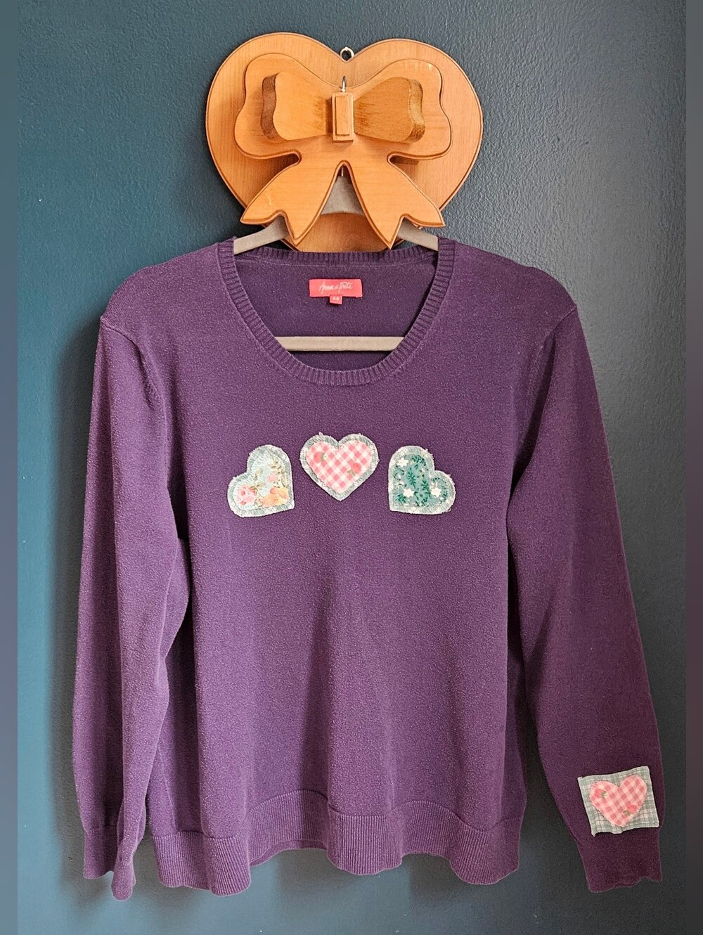 Vintage Upcycled Sweater with Heart Appliqués - Purple
